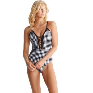 Seafolly Australia La Belle Lace Up Gingham Maillot One Piece Black NWT Size 12